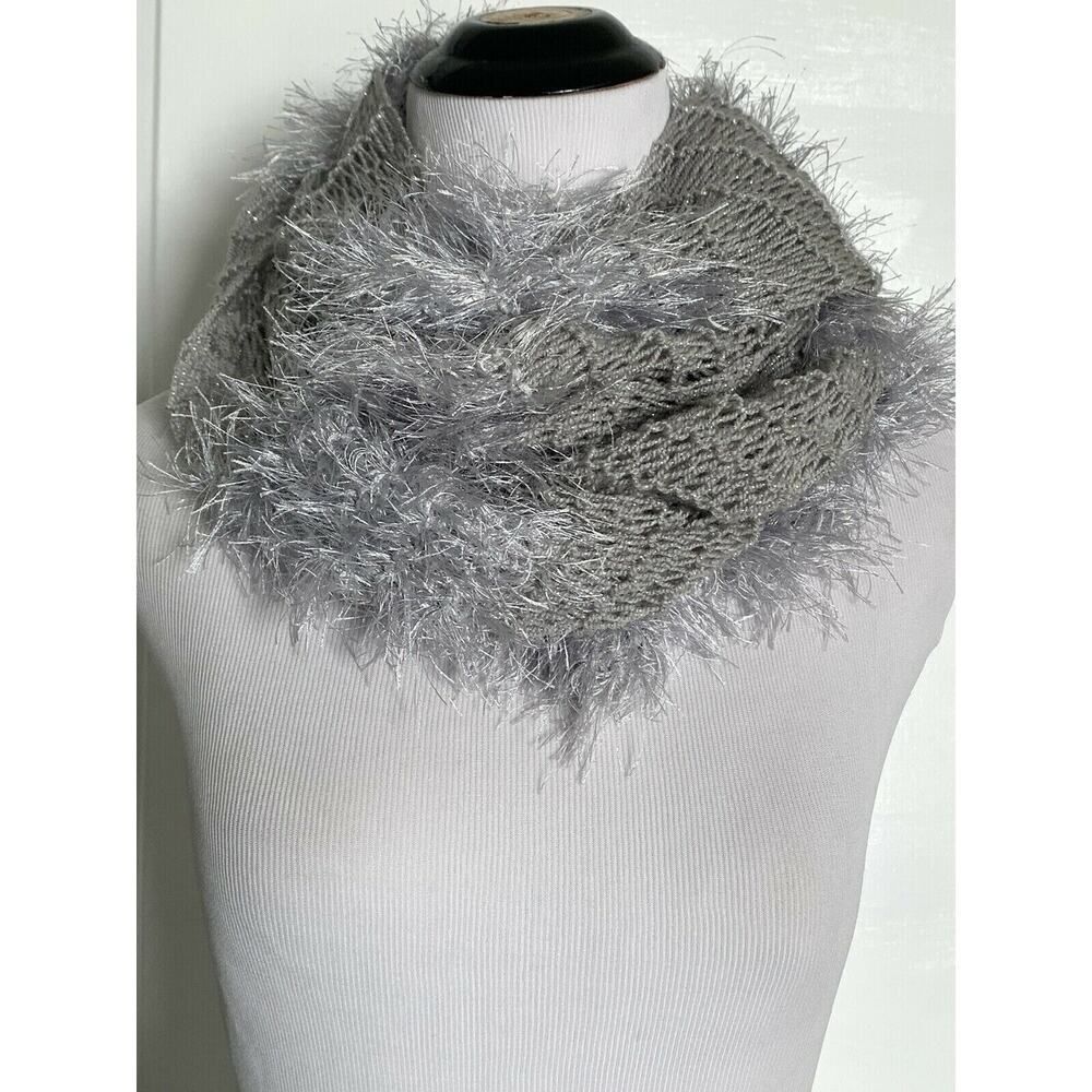 Handmade Homemade Knit Crochet Scarf Neck Wrap Gift Gray Silver Fringe NEW